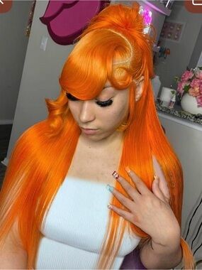 Vibrant Orange Long Body Wave Women's Hair Wig with Styled Bangs 5x5 Lace Front